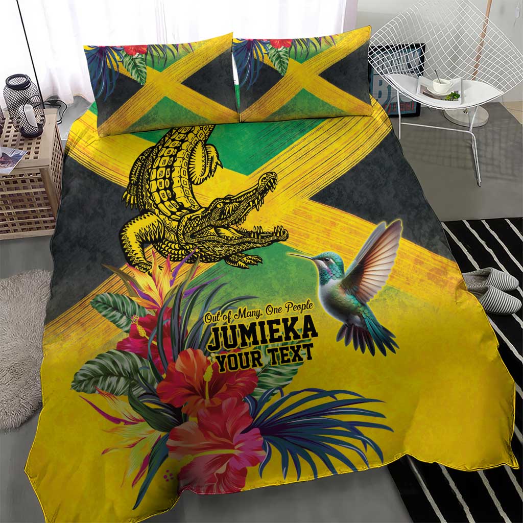 Personalized Jamaica Crocodile Hummingbird Bedding Set Tropical Flowers Grunge Flag - Wonder Print Shop