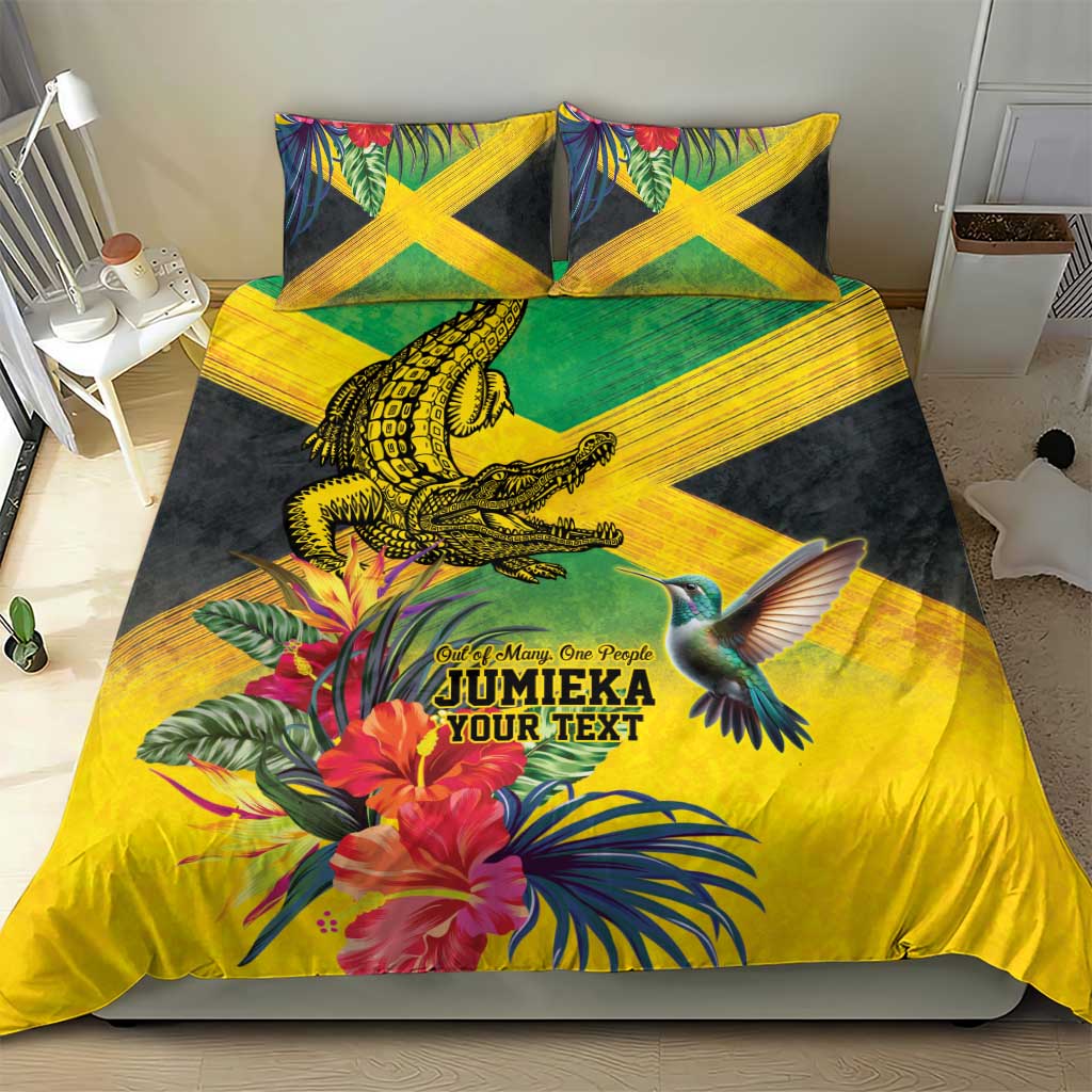 Personalized Jamaica Crocodile Hummingbird Bedding Set Tropical Flowers Grunge Flag - Wonder Print Shop