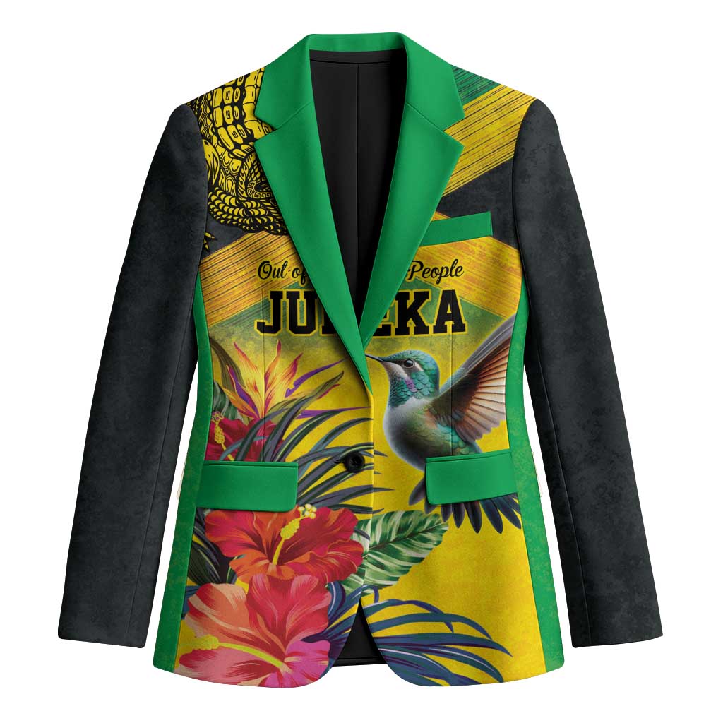 Personalized Jamaica Crocodile Hummingbird Blazer Tropical Flowers Grunge Flag - Wonder Print Shop