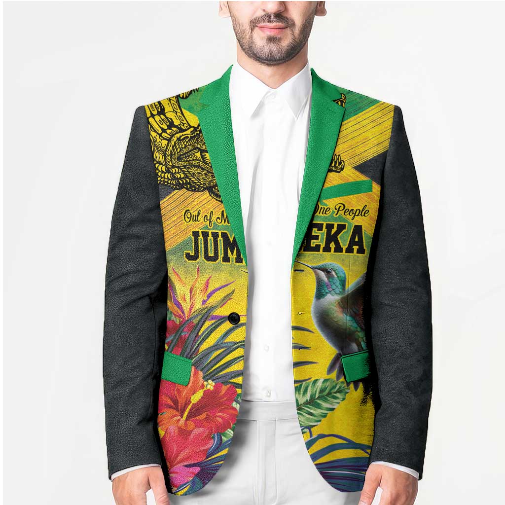 Personalized Jamaica Crocodile Hummingbird Blazer Tropical Flowers Grunge Flag - Wonder Print Shop