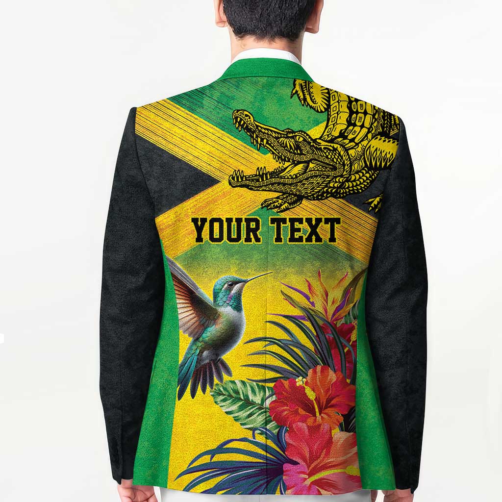 Personalized Jamaica Crocodile Hummingbird Blazer Tropical Flowers Grunge Flag - Wonder Print Shop