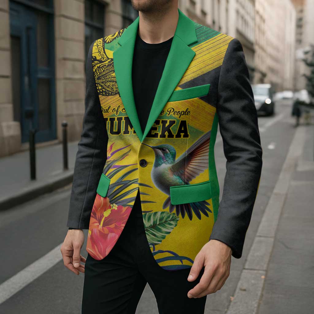 Personalized Jamaica Crocodile Hummingbird Blazer Tropical Flowers Grunge Flag - Wonder Print Shop