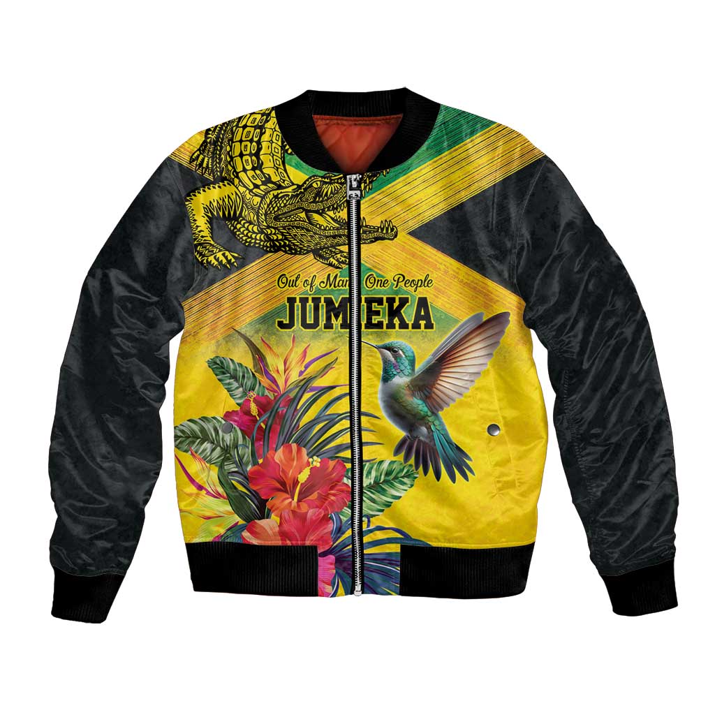 Personalized Jamaica Crocodile Hummingbird Bomber Jacket Tropical Flowers Grunge Flag - Wonder Print Shop