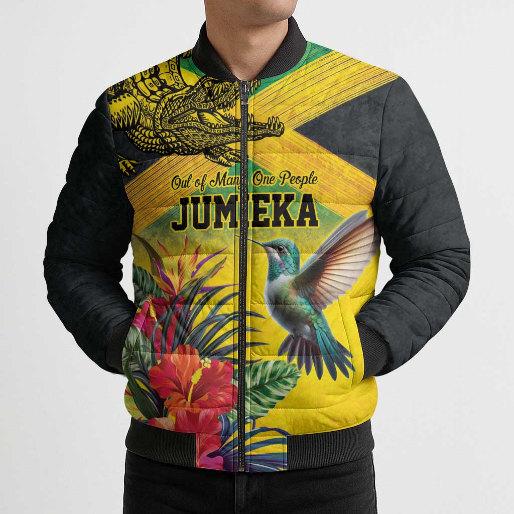 Personalized Jamaica Crocodile Hummingbird Bomber Puffer Jacket Tropical Flowers Grunge Flag - Wonder Print Shop