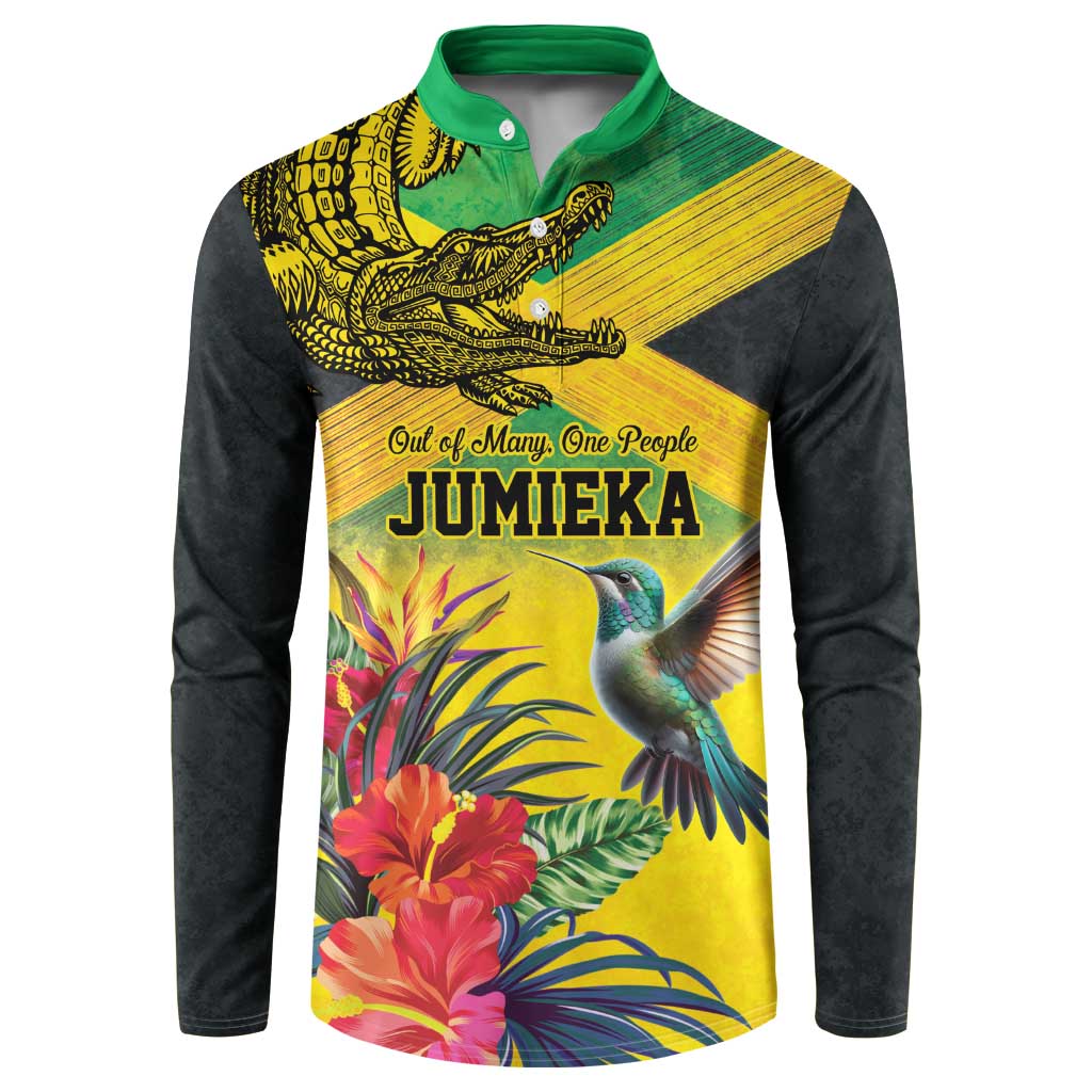 Personalized Jamaica Crocodile Hummingbird Button Sweatshirt Tropical Flowers Grunge Flag - Wonder Print Shop