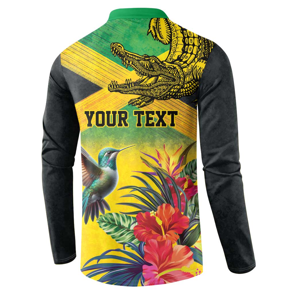 Personalized Jamaica Crocodile Hummingbird Button Sweatshirt Tropical Flowers Grunge Flag - Wonder Print Shop