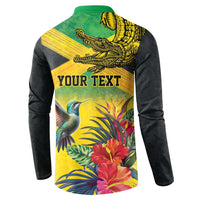 Personalized Jamaica Crocodile Hummingbird Button Sweatshirt Tropical Flowers Grunge Flag - Wonder Print Shop