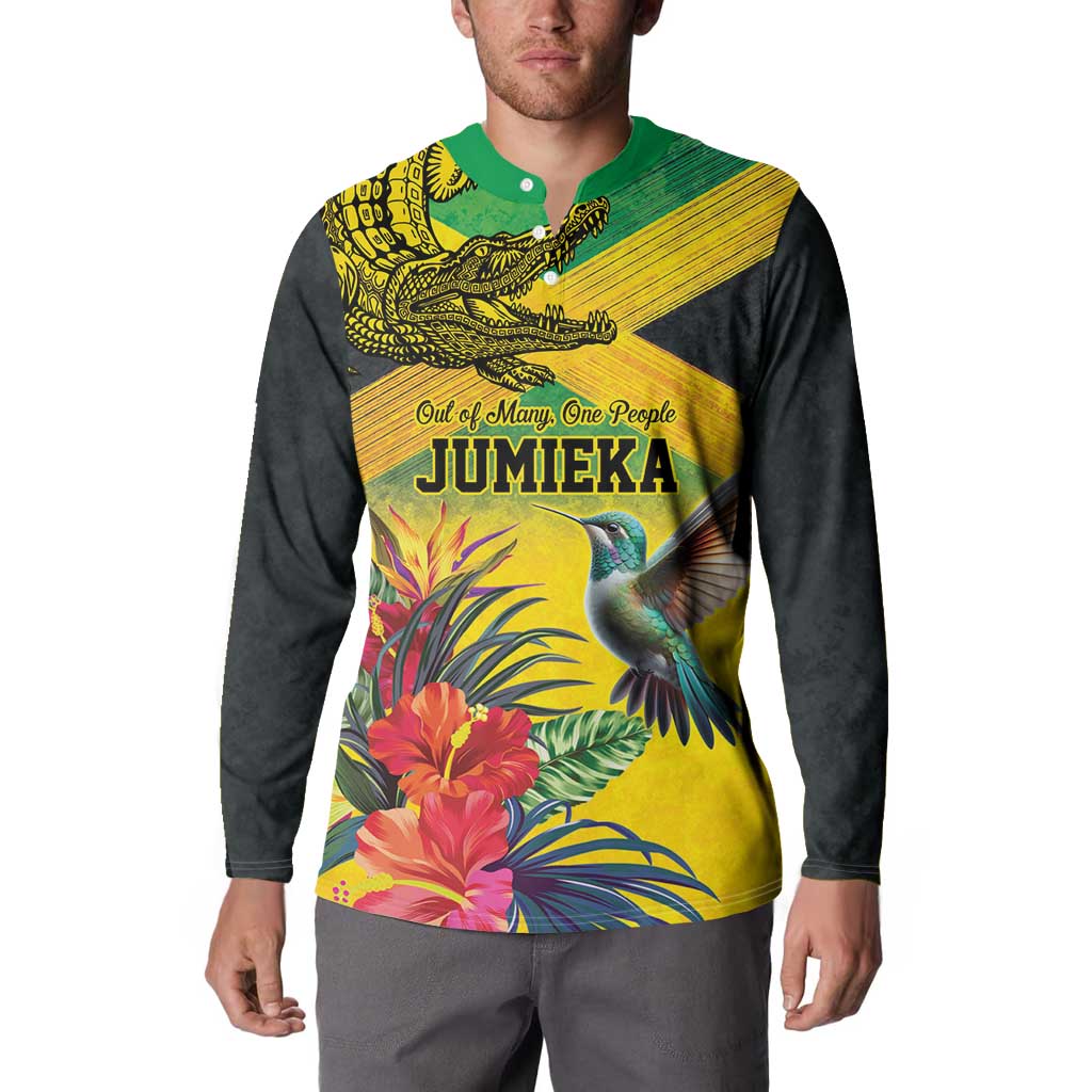Personalized Jamaica Crocodile Hummingbird Button Sweatshirt Tropical Flowers Grunge Flag - Wonder Print Shop
