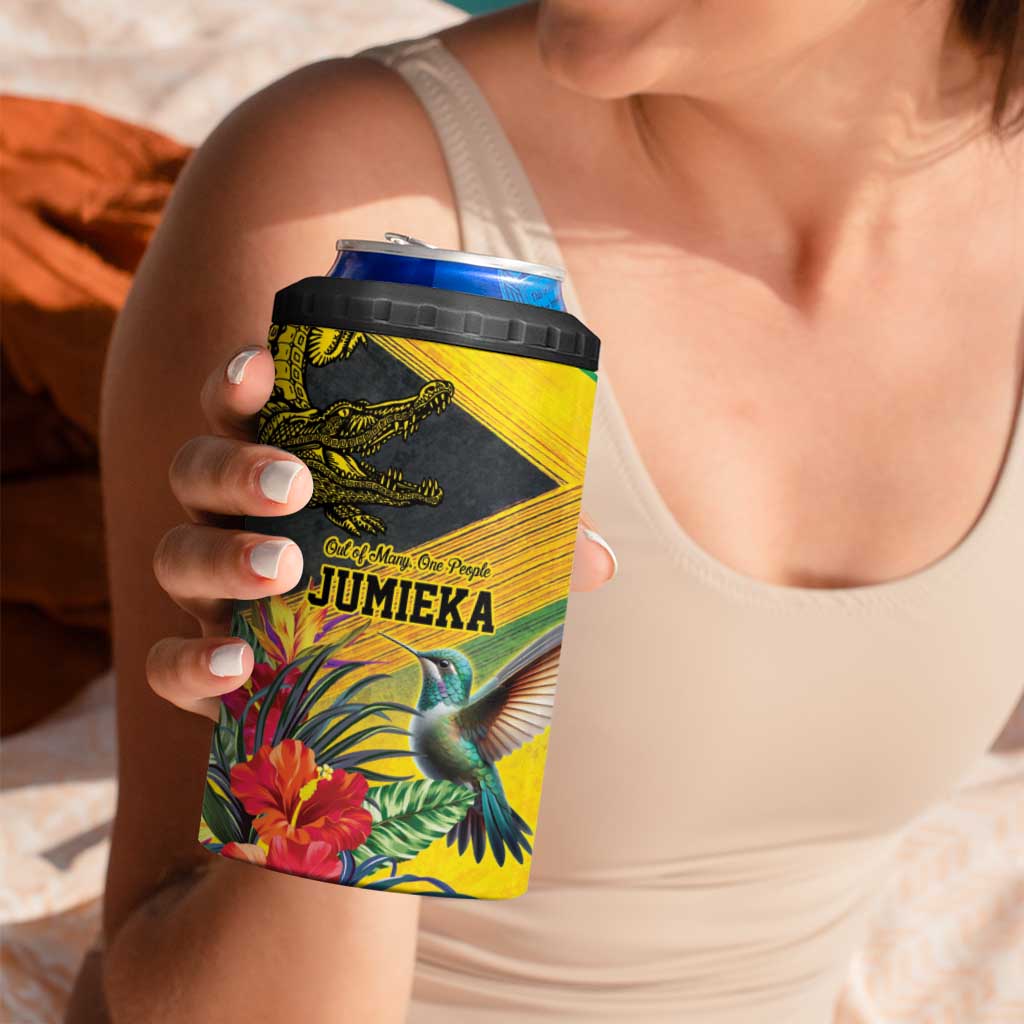 Personalized Jamaica Crocodile Hummingbird 4 in 1 Can Cooler Tumbler Tropical Flowers Grunge Flag - Wonder Print Shop