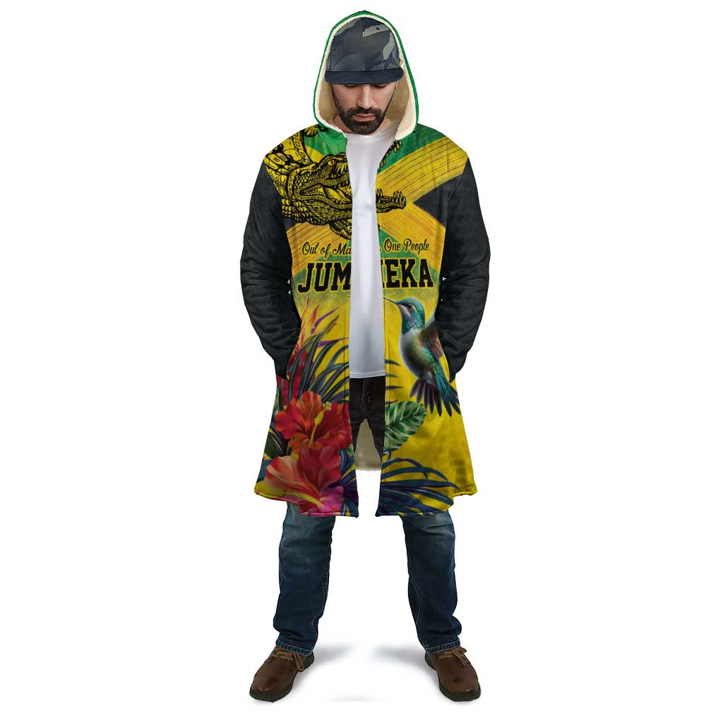 Personalized Jamaica Crocodile Hummingbird Cloak Tropical Flowers Grunge Flag - Wonder Print Shop