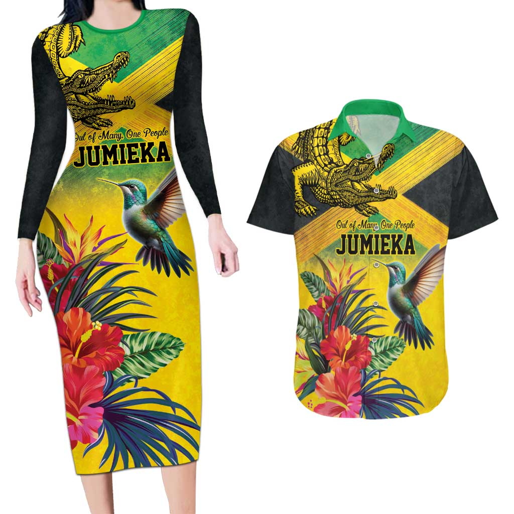 Personalized Jamaica Crocodile Hummingbird Couples Matching Long Sleeve Bodycon Dress and Hawaiian Shirt Tropical Flowers Grunge Flag - Wonder Print Shop