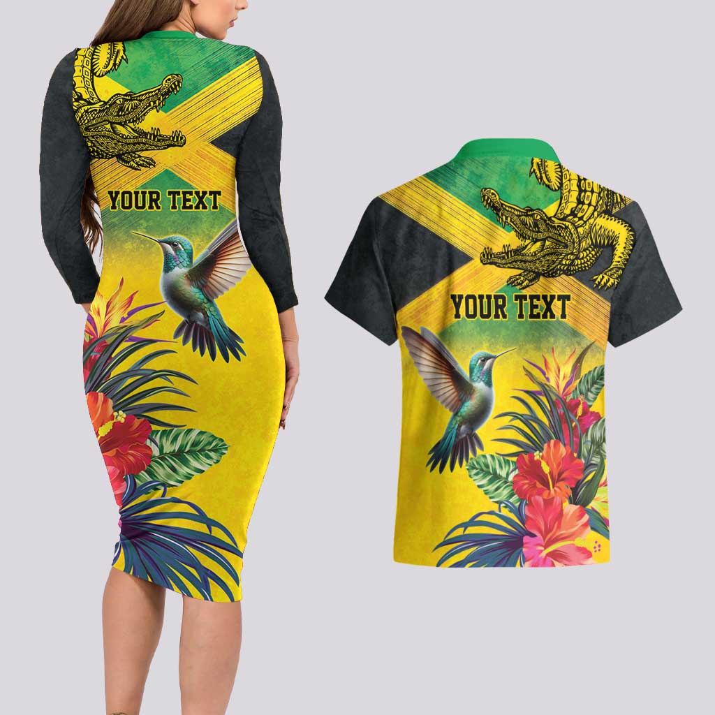 Personalized Jamaica Crocodile Hummingbird Couples Matching Long Sleeve Bodycon Dress and Hawaiian Shirt Tropical Flowers Grunge Flag - Wonder Print Shop