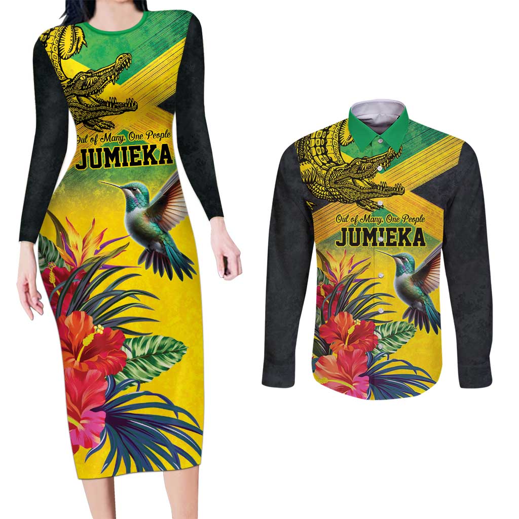 Personalized Jamaica Crocodile Hummingbird Couples Matching Long Sleeve Bodycon Dress and Long Sleeve Button Shirt Tropical Flowers Grunge Flag - Wonder Print Shop