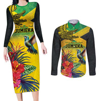 Personalized Jamaica Crocodile Hummingbird Couples Matching Long Sleeve Bodycon Dress and Long Sleeve Button Shirt Tropical Flowers Grunge Flag - Wonder Print Shop