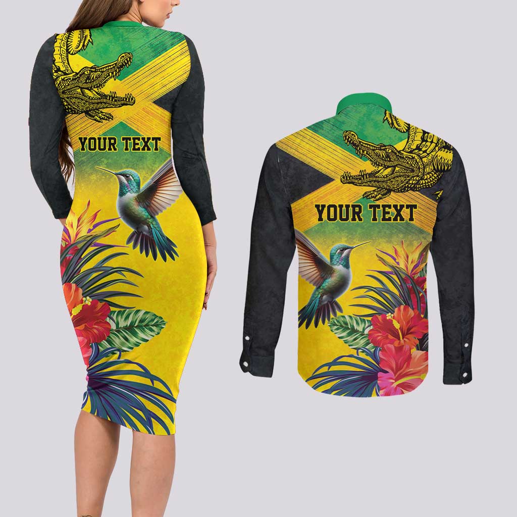 Personalized Jamaica Crocodile Hummingbird Couples Matching Long Sleeve Bodycon Dress and Long Sleeve Button Shirt Tropical Flowers Grunge Flag - Wonder Print Shop