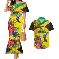 Personalized Jamaica Crocodile Hummingbird Couples Matching Mermaid Dress and Hawaiian Shirt Tropical Flowers Grunge Flag - Wonder Print Shop
