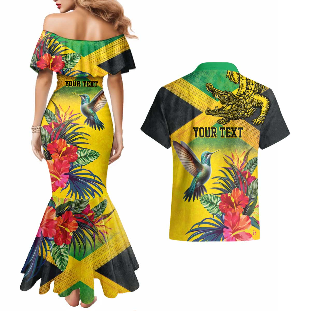 Personalized Jamaica Crocodile Hummingbird Couples Matching Mermaid Dress and Hawaiian Shirt Tropical Flowers Grunge Flag - Wonder Print Shop