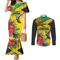 Personalized Jamaica Crocodile Hummingbird Couples Matching Mermaid Dress and Long Sleeve Button Shirt Tropical Flowers Grunge Flag - Wonder Print Shop