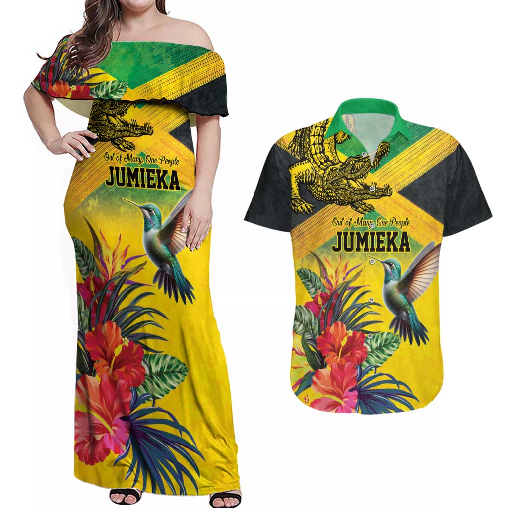 Personalized Jamaica Crocodile Hummingbird Couples Matching Off Shoulder Maxi Dress and Hawaiian Shirt Tropical Flowers Grunge Flag - Wonder Print Shop