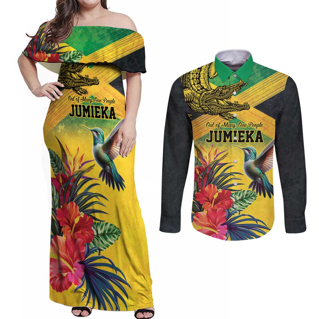 Personalized Jamaica Crocodile Hummingbird Couples Matching Off Shoulder Maxi Dress and Long Sleeve Button Shirt Tropical Flowers Grunge Flag - Wonder Print Shop