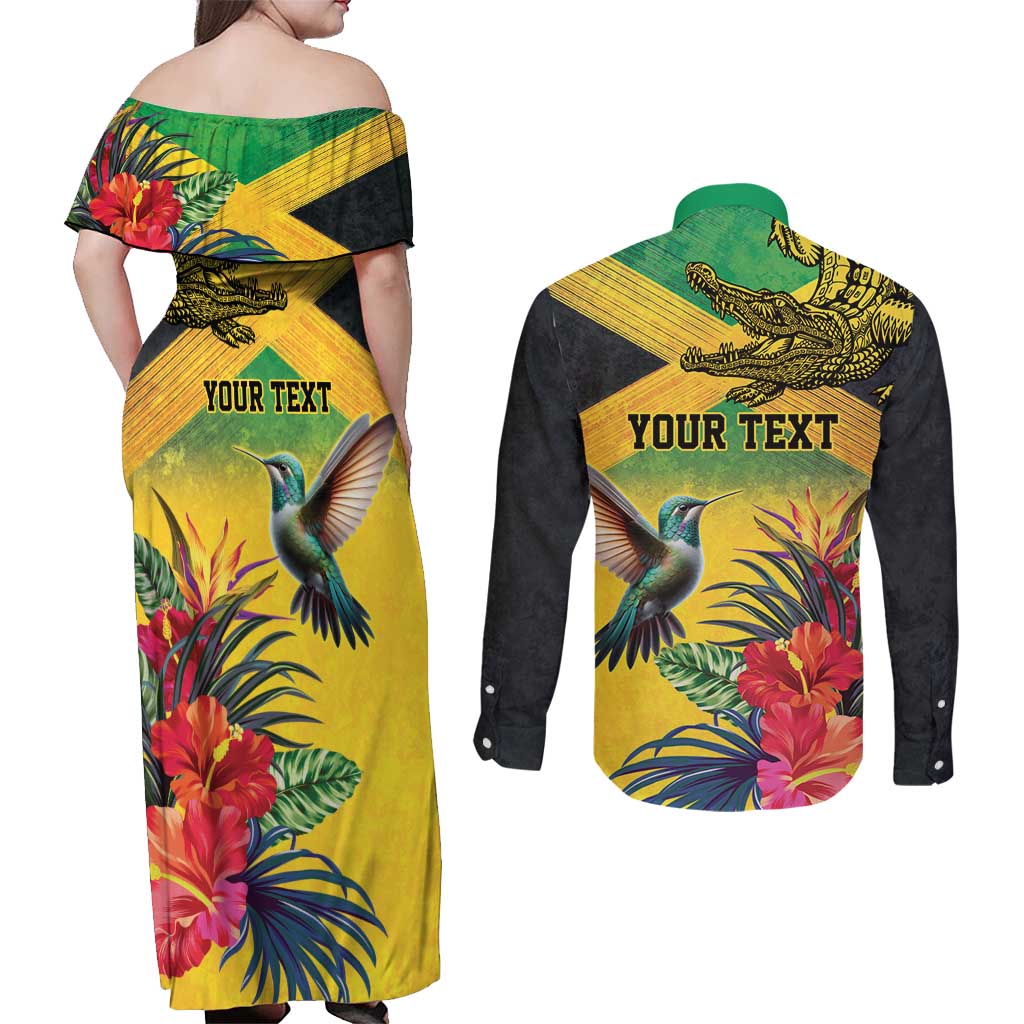 Personalized Jamaica Crocodile Hummingbird Couples Matching Off Shoulder Maxi Dress and Long Sleeve Button Shirt Tropical Flowers Grunge Flag - Wonder Print Shop
