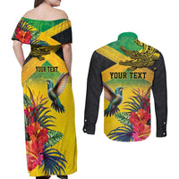 Personalized Jamaica Crocodile Hummingbird Couples Matching Off Shoulder Maxi Dress and Long Sleeve Button Shirt Tropical Flowers Grunge Flag - Wonder Print Shop