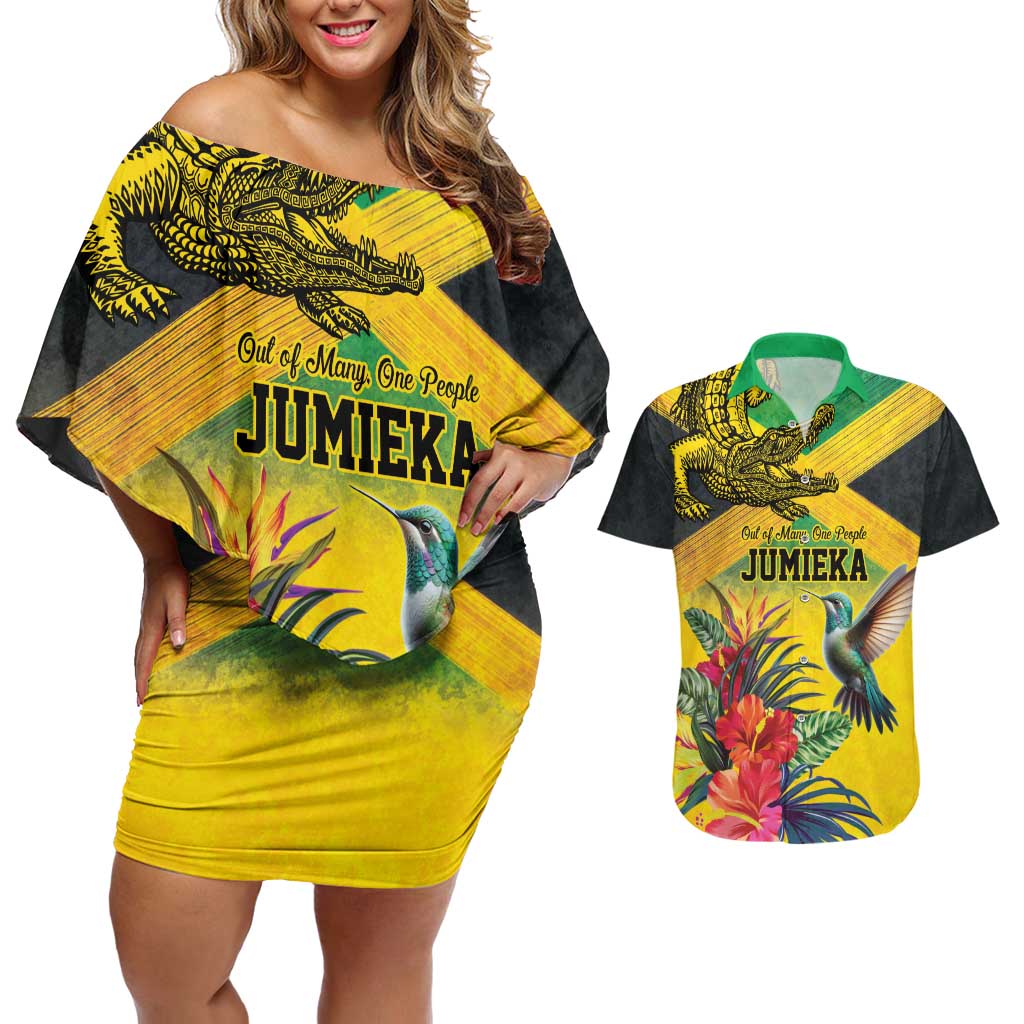 Personalized Jamaica Crocodile Hummingbird Couples Matching Off Shoulder Short Dress and Hawaiian Shirt Tropical Flowers Grunge Flag - Wonder Print Shop
