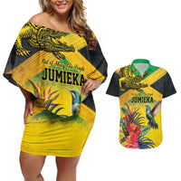 Personalized Jamaica Crocodile Hummingbird Couples Matching Off Shoulder Short Dress and Hawaiian Shirt Tropical Flowers Grunge Flag - Wonder Print Shop