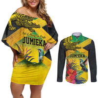 Personalized Jamaica Crocodile Hummingbird Couples Matching Off Shoulder Short Dress and Long Sleeve Button Shirt Tropical Flowers Grunge Flag - Wonder Print Shop