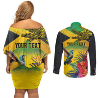 Personalized Jamaica Crocodile Hummingbird Couples Matching Off Shoulder Short Dress and Long Sleeve Button Shirt Tropical Flowers Grunge Flag - Wonder Print Shop