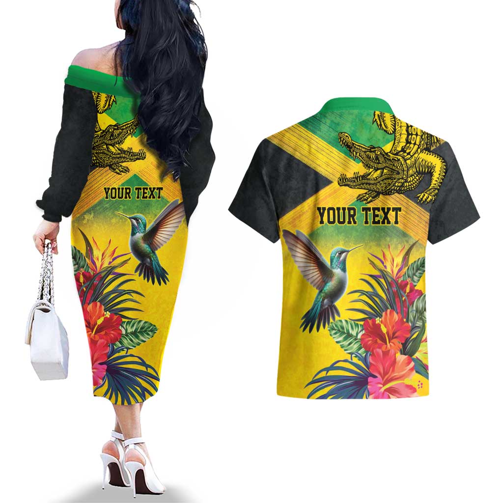 Personalized Jamaica Crocodile Hummingbird Couples Matching Off The Shoulder Long Sleeve Dress and Hawaiian Shirt Tropical Flowers Grunge Flag - Wonder Print Shop