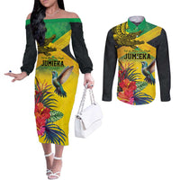 Personalized Jamaica Crocodile Hummingbird Couples Matching Off The Shoulder Long Sleeve Dress and Long Sleeve Button Shirt Tropical Flowers Grunge Flag - Wonder Print Shop