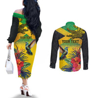 Personalized Jamaica Crocodile Hummingbird Couples Matching Off The Shoulder Long Sleeve Dress and Long Sleeve Button Shirt Tropical Flowers Grunge Flag - Wonder Print Shop