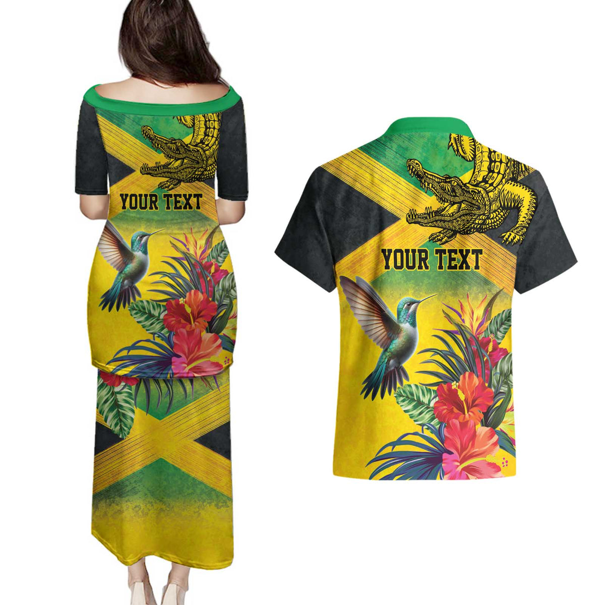 Personalized Jamaica Crocodile Hummingbird Couples Matching Puletasi and Hawaiian Shirt Tropical Flowers Grunge Flag - Wonder Print Shop