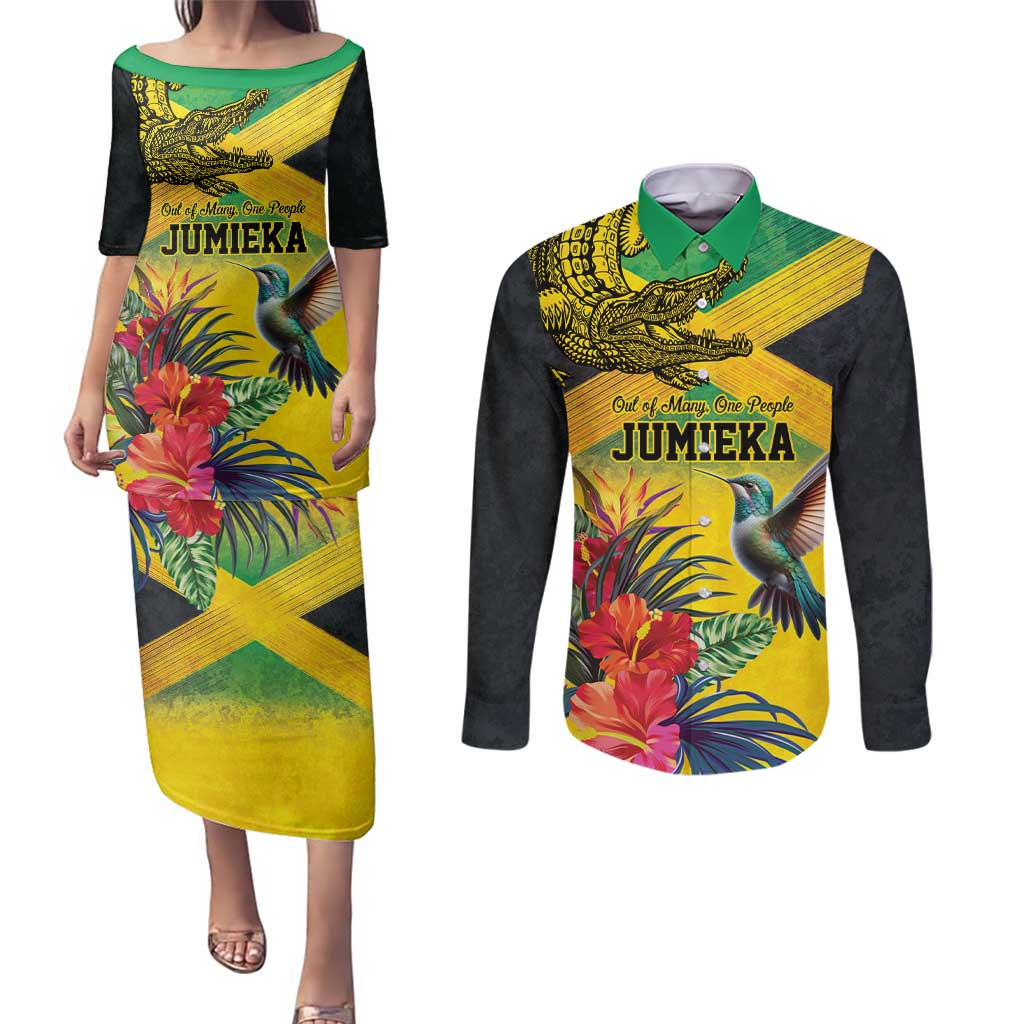 Personalized Jamaica Crocodile Hummingbird Couples Matching Puletasi and Long Sleeve Button Shirt Tropical Flowers Grunge Flag - Wonder Print Shop