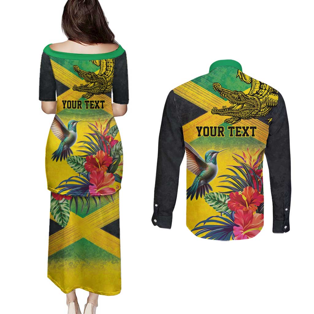 Personalized Jamaica Crocodile Hummingbird Couples Matching Puletasi and Long Sleeve Button Shirt Tropical Flowers Grunge Flag - Wonder Print Shop