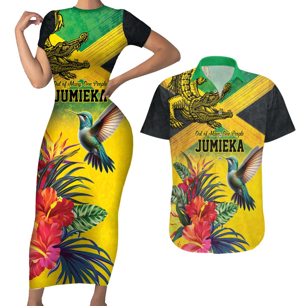 Personalized Jamaica Crocodile Hummingbird Couples Matching Short Sleeve Bodycon Dress and Hawaiian Shirt Tropical Flowers Grunge Flag - Wonder Print Shop