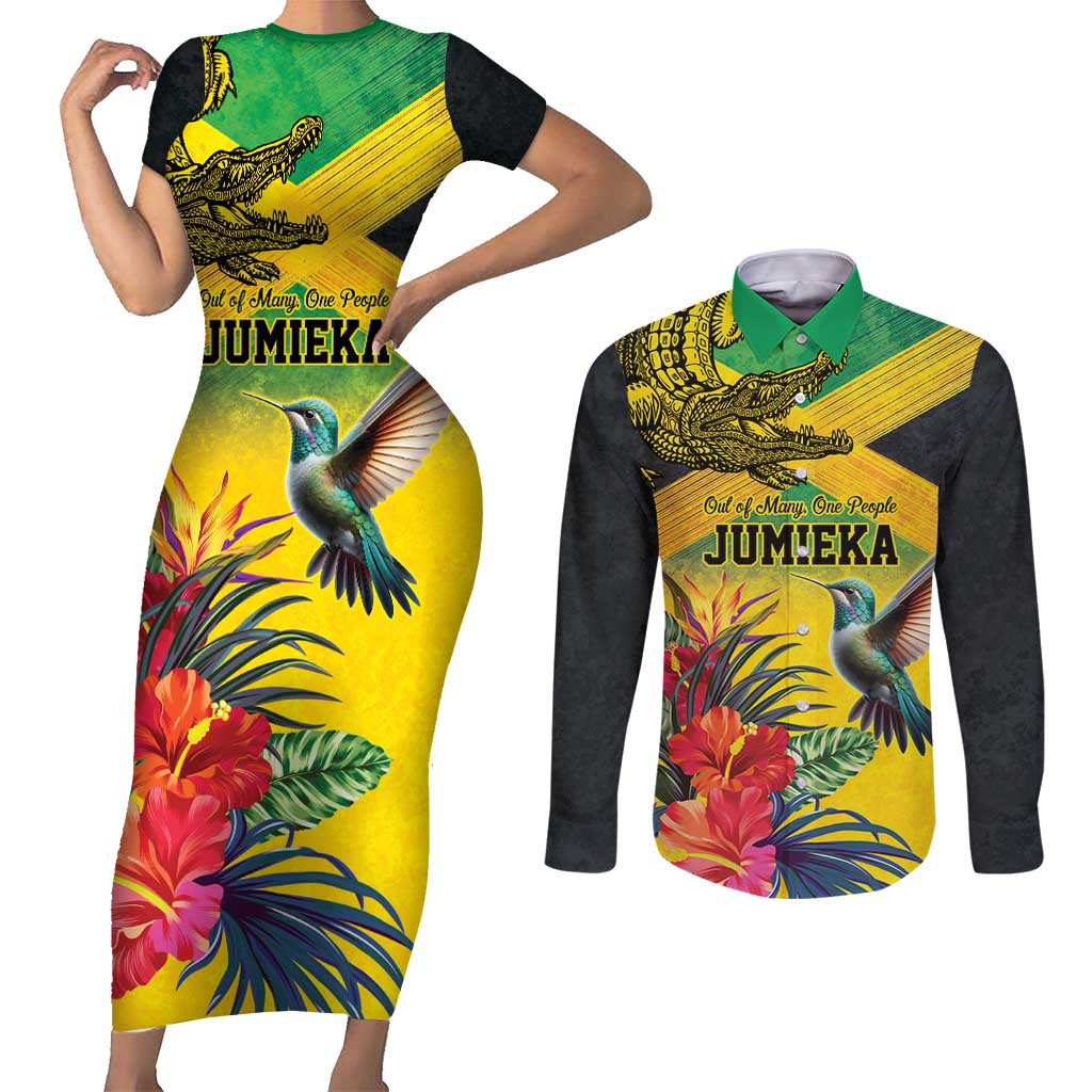 Personalized Jamaica Crocodile Hummingbird Couples Matching Short Sleeve Bodycon Dress and Long Sleeve Button Shirt Tropical Flowers Grunge Flag - Wonder Print Shop