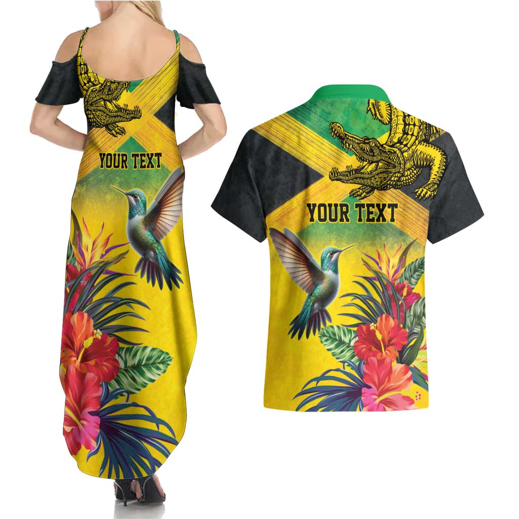 Personalized Jamaica Crocodile Hummingbird Couples Matching Summer Maxi Dress and Hawaiian Shirt Tropical Flowers Grunge Flag - Wonder Print Shop
