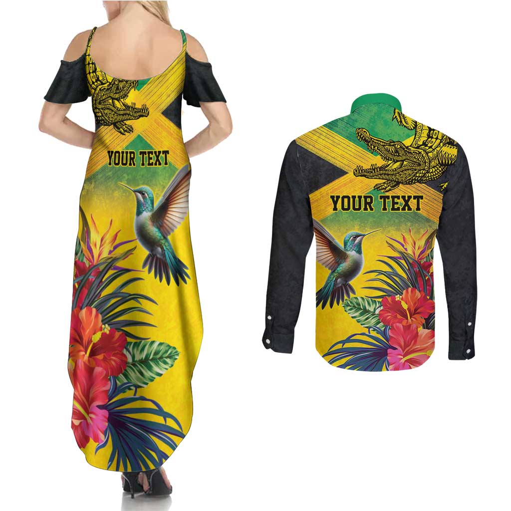 Personalized Jamaica Crocodile Hummingbird Couples Matching Summer Maxi Dress and Long Sleeve Button Shirt Tropical Flowers Grunge Flag - Wonder Print Shop