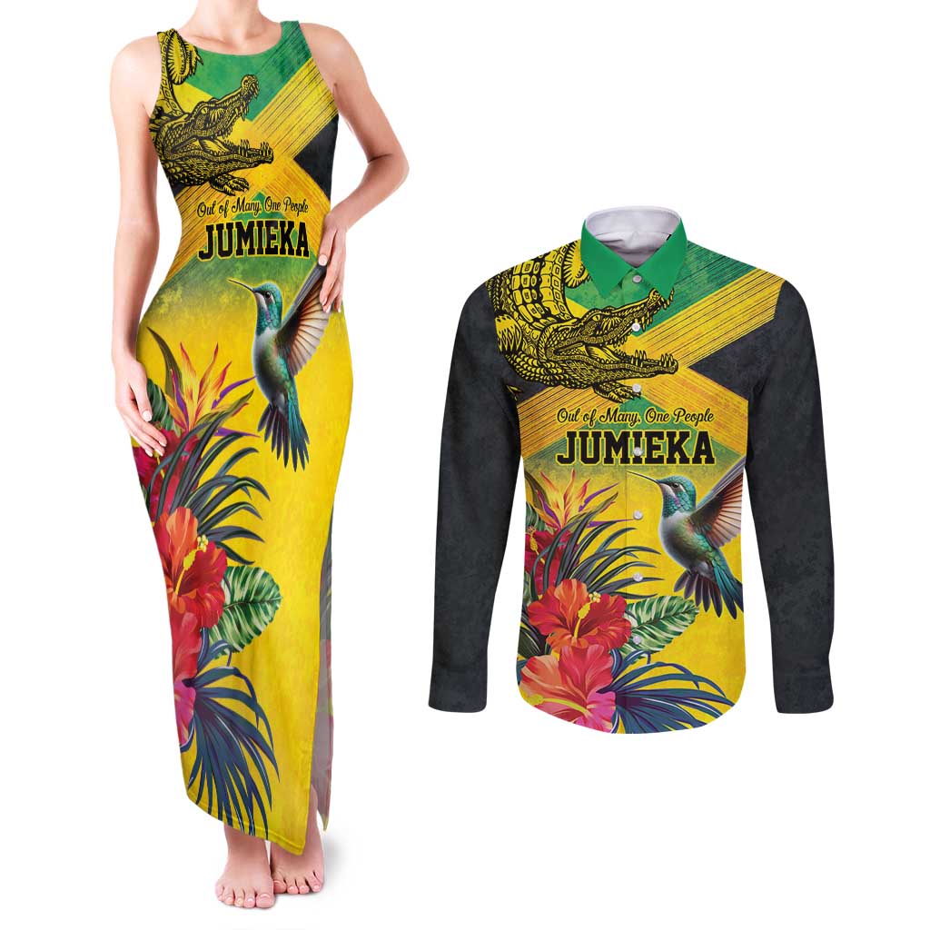 Personalized Jamaica Crocodile Hummingbird Couples Matching Tank Maxi Dress and Long Sleeve Button Shirt Tropical Flowers Grunge Flag - Wonder Print Shop