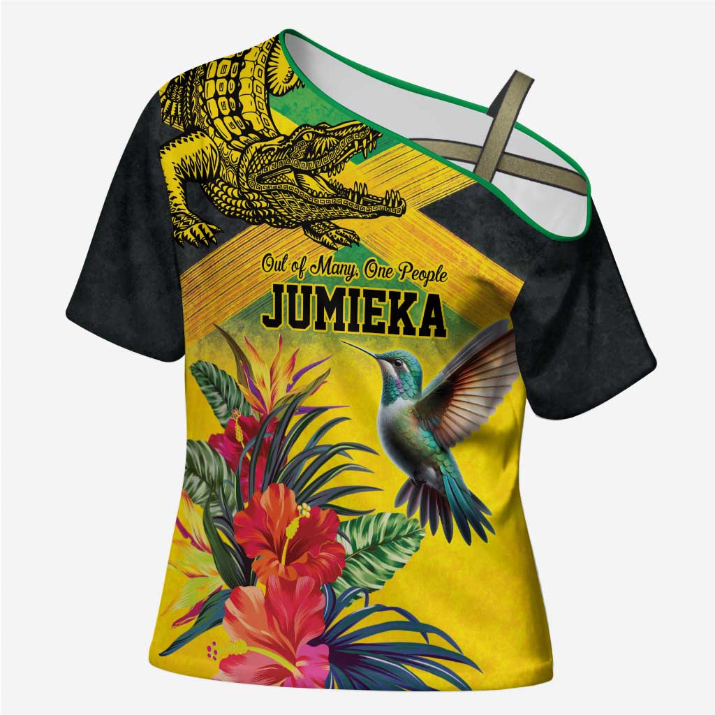 Personalized Jamaica Crocodile Hummingbird Cross Shoulder Shirt Tropical Flowers Grunge Flag - Wonder Print Shop