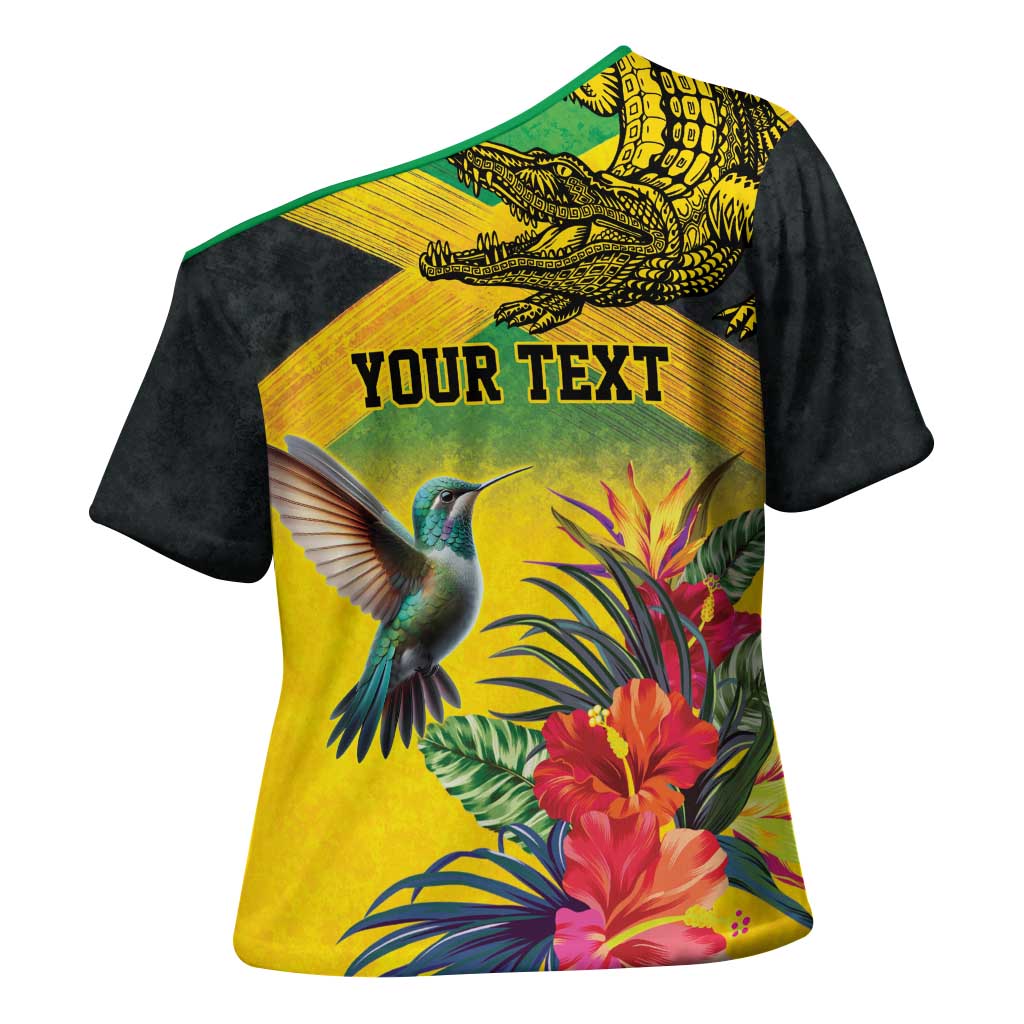 Personalized Jamaica Crocodile Hummingbird Cross Shoulder Shirt Tropical Flowers Grunge Flag - Wonder Print Shop