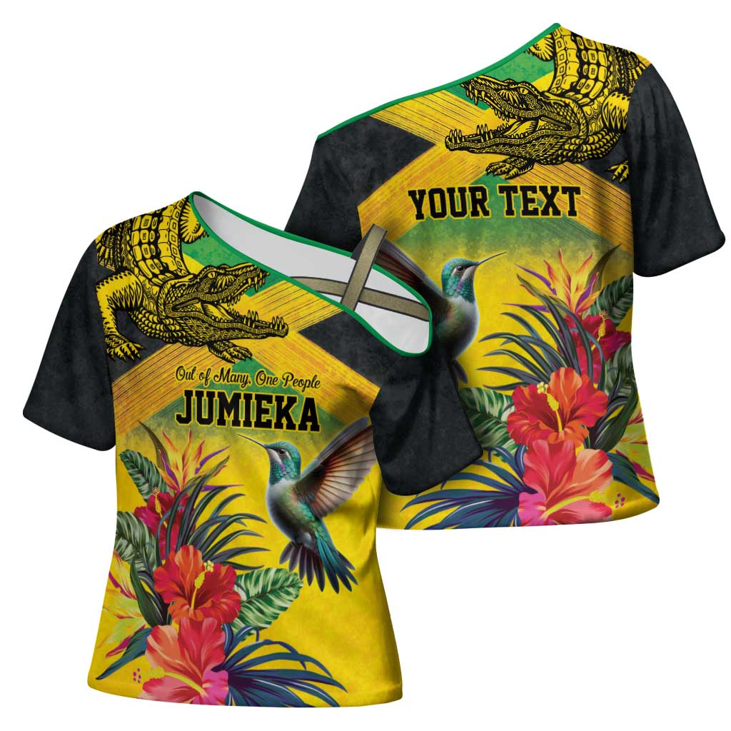 Personalized Jamaica Crocodile Hummingbird Cross Shoulder Shirt Tropical Flowers Grunge Flag - Wonder Print Shop
