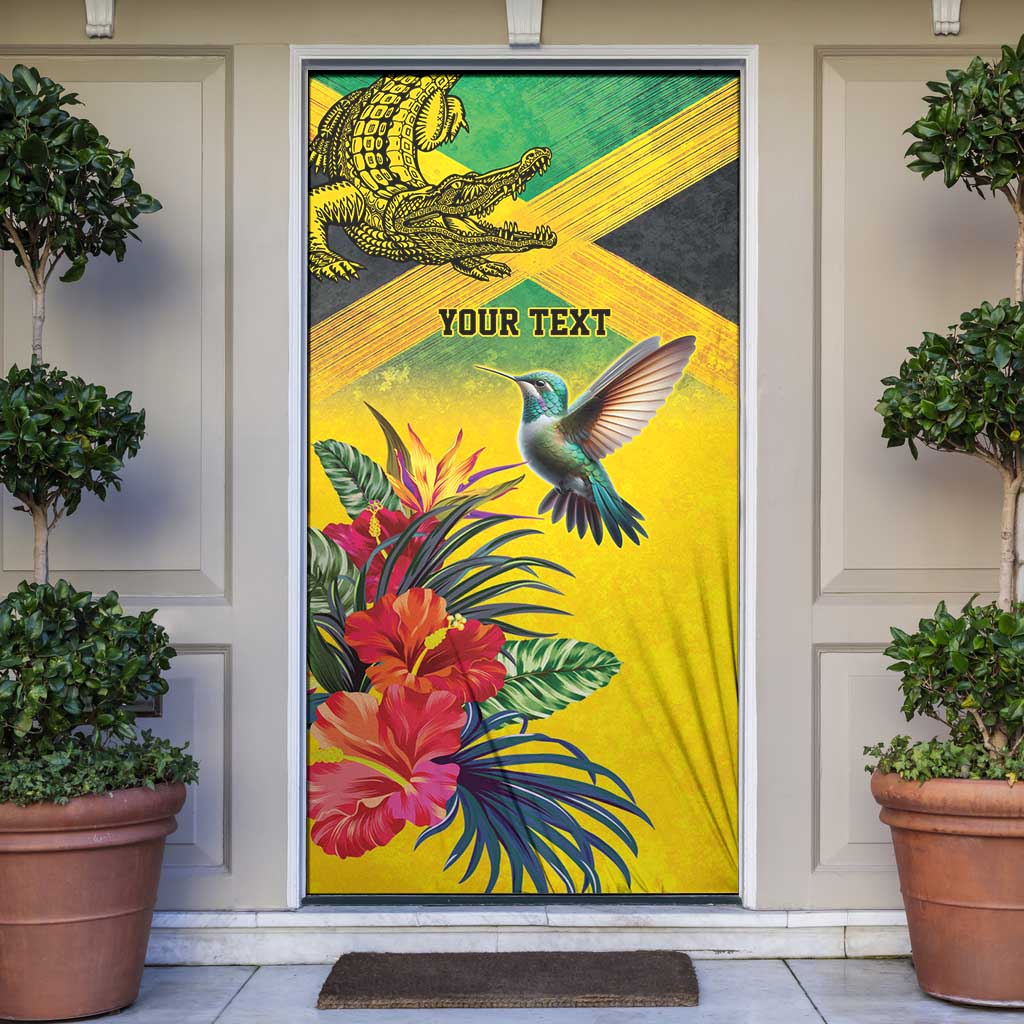 Personalized Jamaica Crocodile Hummingbird Door Cover Tropical Flowers Grunge Flag - Wonder Print Shop