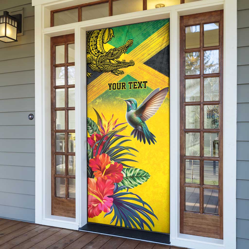 Personalized Jamaica Crocodile Hummingbird Door Cover Tropical Flowers Grunge Flag - Wonder Print Shop