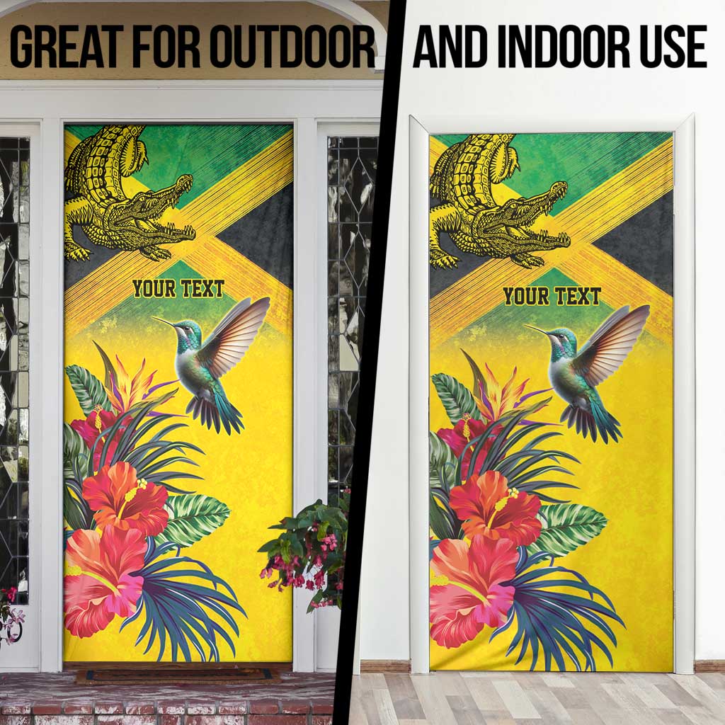 Personalized Jamaica Crocodile Hummingbird Door Cover Tropical Flowers Grunge Flag - Wonder Print Shop