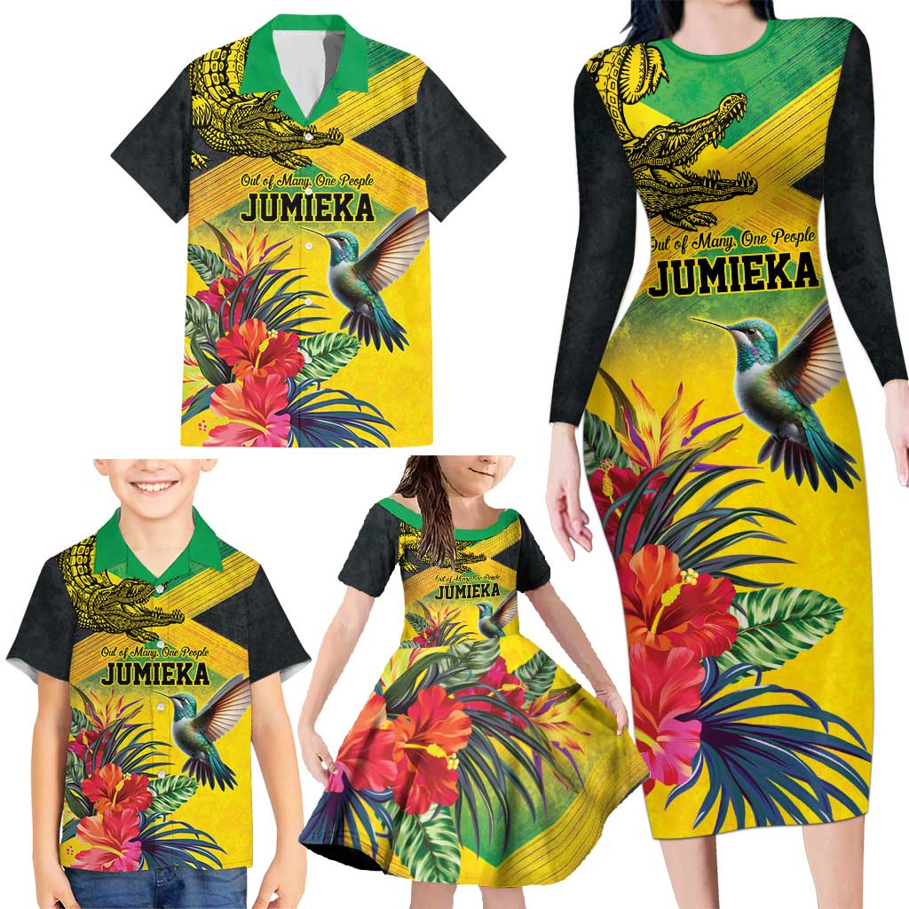 Personalized Jamaica Crocodile Hummingbird Family Matching Long Sleeve Bodycon Dress and Hawaiian Shirt Tropical Flowers Grunge Flag - Wonder Print Shop