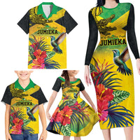 Personalized Jamaica Crocodile Hummingbird Family Matching Long Sleeve Bodycon Dress and Hawaiian Shirt Tropical Flowers Grunge Flag - Wonder Print Shop