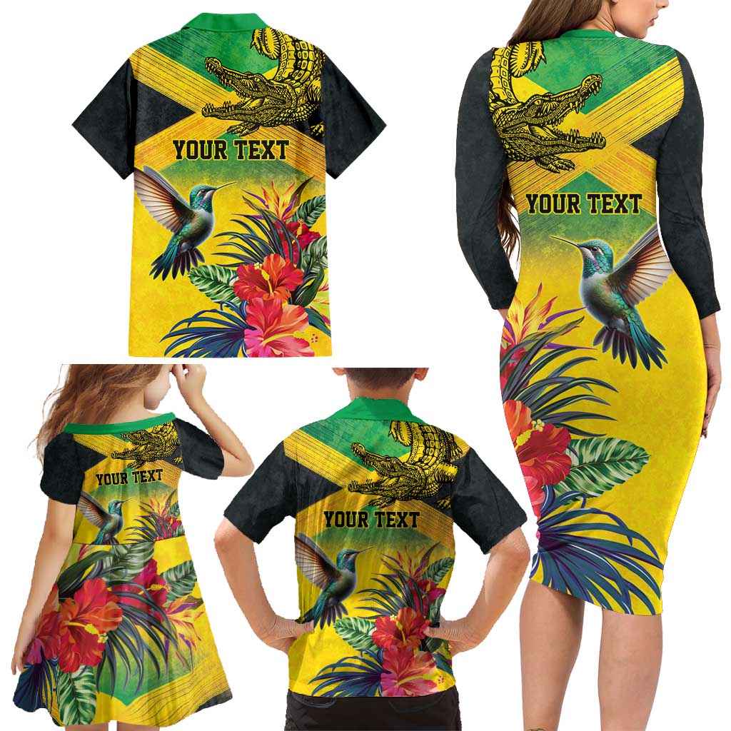 Personalized Jamaica Crocodile Hummingbird Family Matching Long Sleeve Bodycon Dress and Hawaiian Shirt Tropical Flowers Grunge Flag - Wonder Print Shop